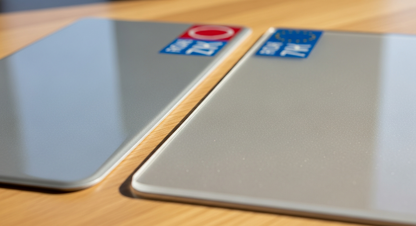 Comparaison de deux plaques d'immatriculation de matériaux différents (alu et plexi)