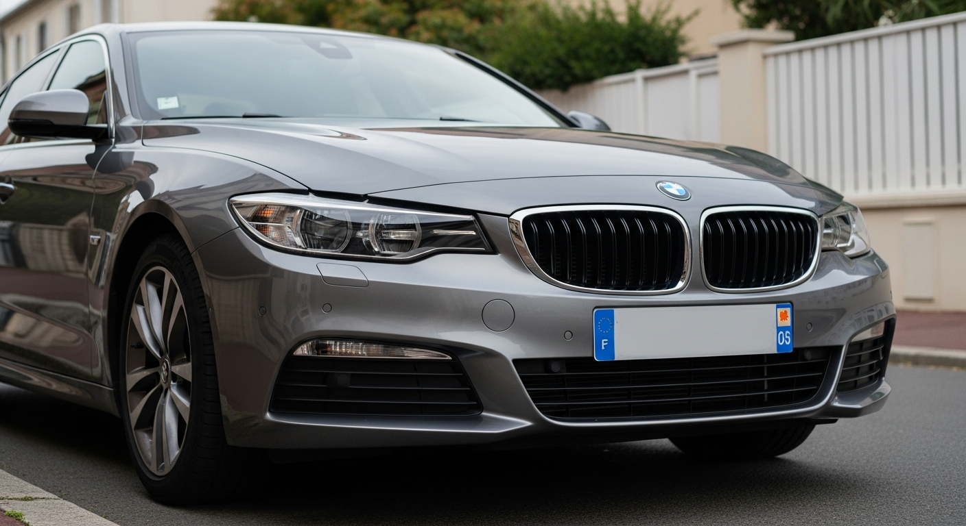 Image d'en-tête montrant une plaque d'immatriculation neuve sur un véhicule moderne