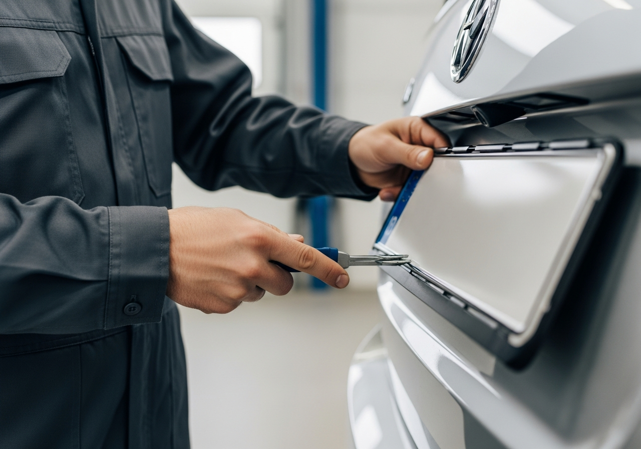 Professionnel installant une plaque d'immatriculation sur un véhicule