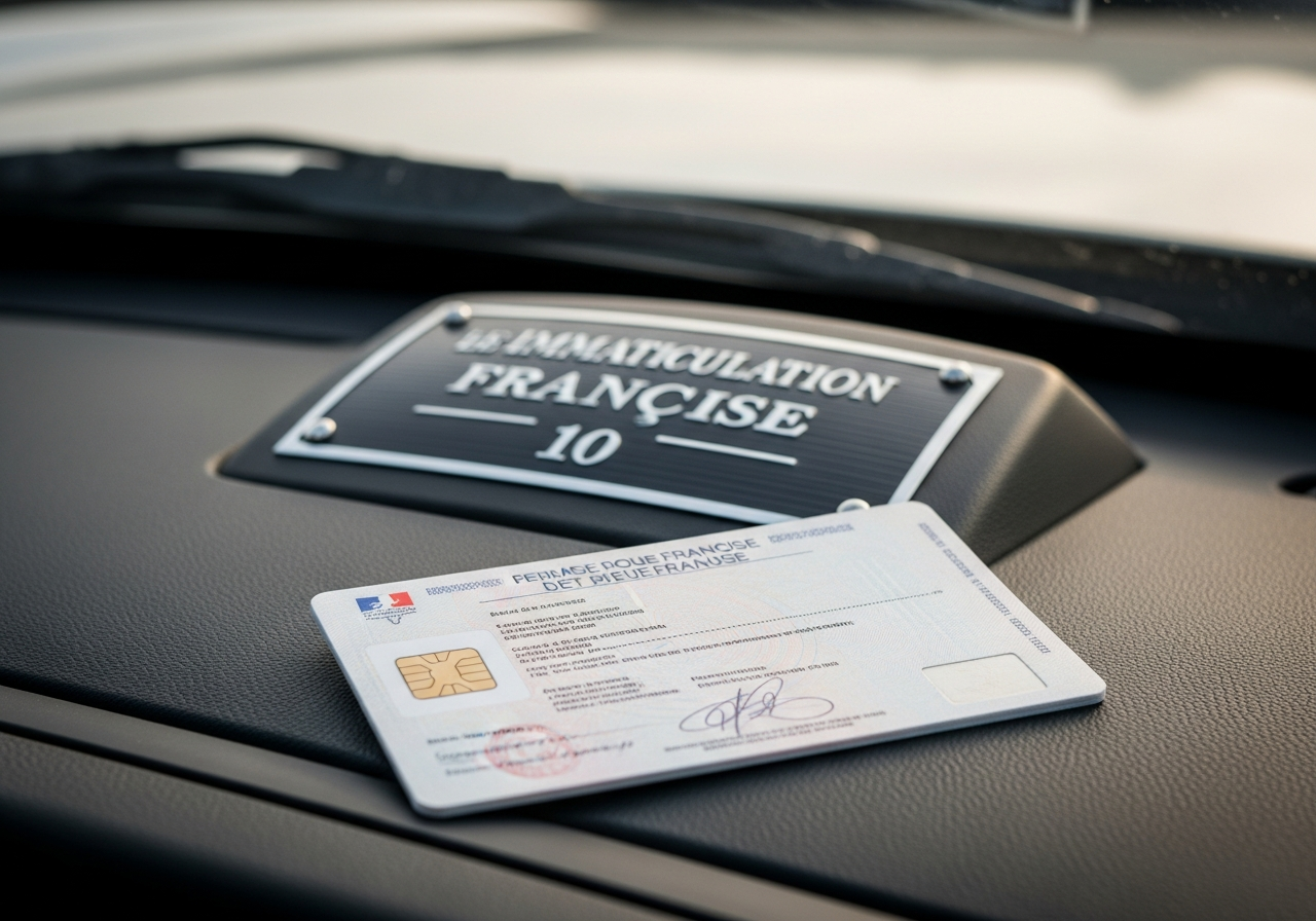 Main tenant une carte grise et une nouvelle plaque d'immatriculation
